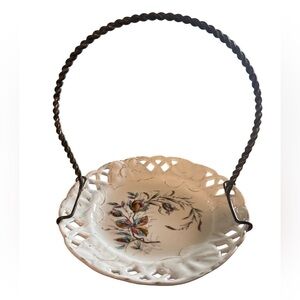 Vintage Porcelain Plate w/ Brass Handle Basket Tray Decor Floral & White 9”